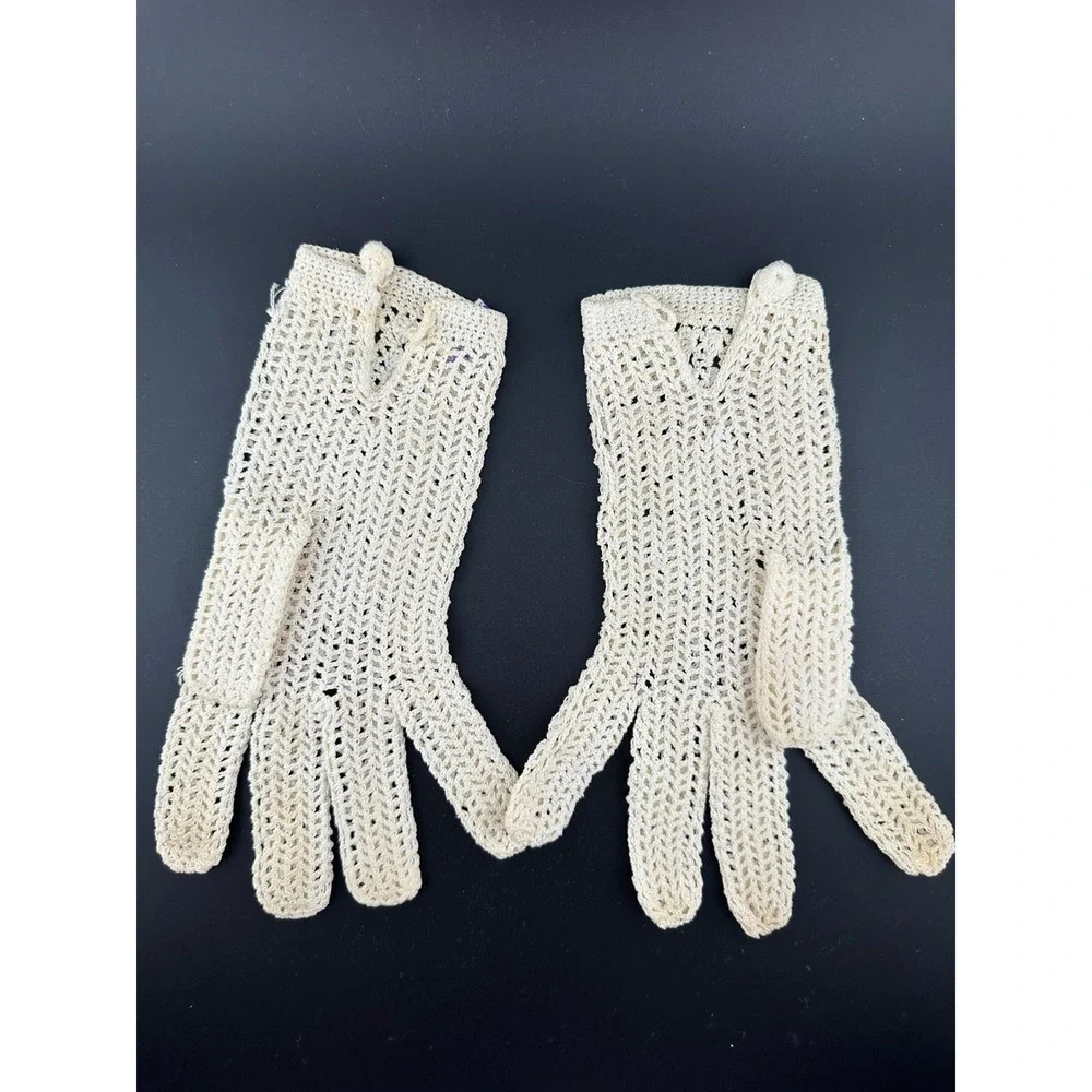Vintage 40s Hand Crochet Gloves France Post WWII Ivory Lace Formal Bridal